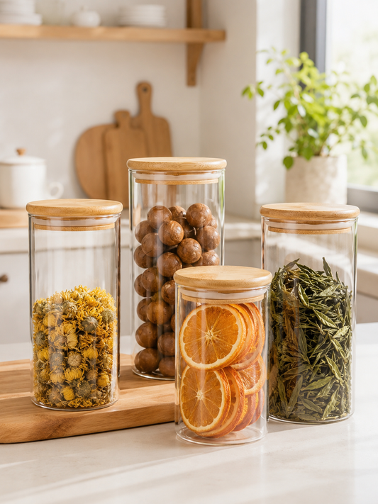 Glass Storage Canister with Bamboo Lid – Airtight Clear Glass Jar for Tea, Spices & Dry Food