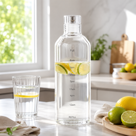 High Borosilicate Glass Water Bottle With Time Markings – Airtight Leakproof Clear Glass Drinks Bottle