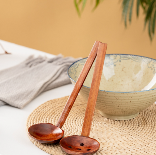 Wooden Soup Ladle – Camphor Wood & Bamboo Serving Spoon, 22cm Deep Scoop or Slotted Ladle for Cooking & Kitchen Use