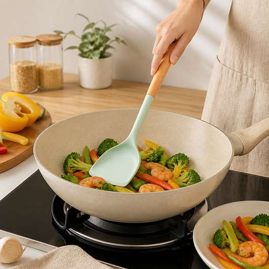 Silicone Slotted Spatula – Wooden Handle Kitchen Turner with Stand Design