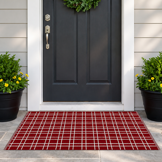 Christmas Cotton Linen Woven Doormat Red White Plaid Holiday Entryway Rug