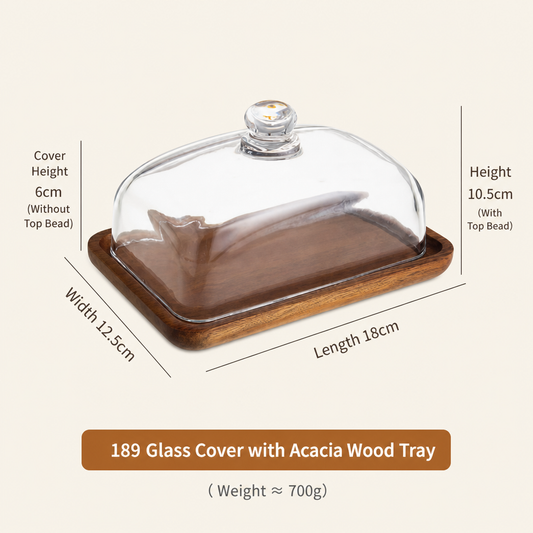 Wooden Square Cake Tray with Glass Dome