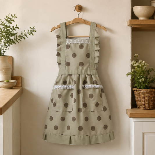 Polka Dot Ruffle Canvas Apron – Women’s Kitchen Apron with Pockets, Vintage Style Baking Cooking Apron for Home & Garden