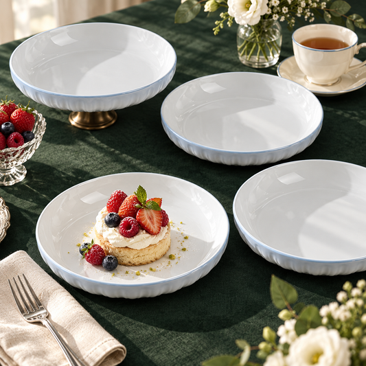 7 Inch Ceramic Dinner Plates Set of 4 – White Porcelain Dessert Plates with Elegant Ripple Edge Design for Kitchen, Dining & Home Decor