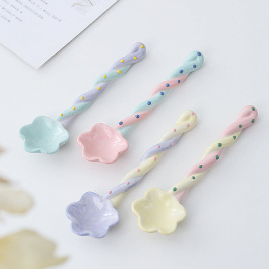 Ceramic Flower Spoon – Cute Twisted Handle Dessert Spoon for Kitchen & Dining