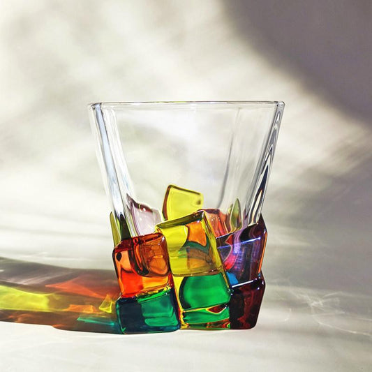 Color Block Whiskey Glass – 300ml Sculptural Glass Tumbler, Geometric Ice Cube Design for Juice, Water & Cocktails