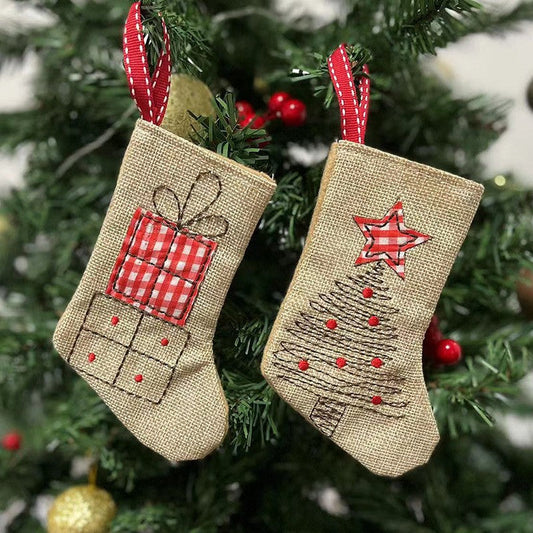 Mini Christmas Stocking Ornament – Rustic Burlap Holiday Hanging Decoration with Gift Box or Christmas Tree Design for Tree, Gift & Home Decor