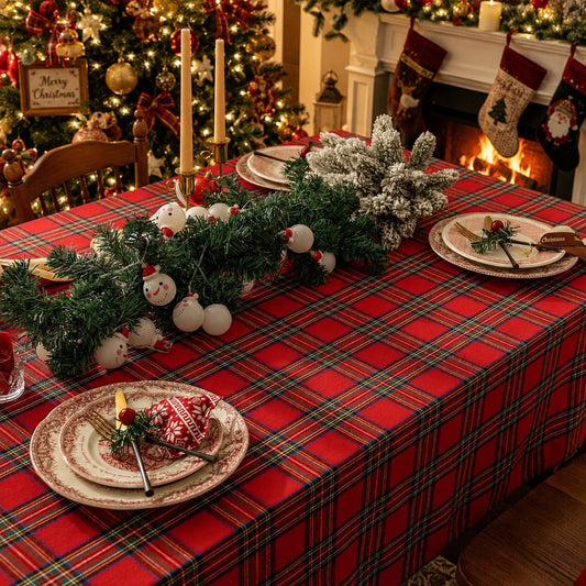 Christmas Tartan Tablecloth – Red Plaid Holiday Dining Table Cover for Christmas Dinner, Party, Fireplace Decor & Festive Home Styling