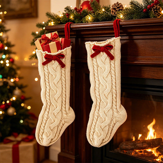 Cable Knit Christmas Stocking – Polyester Holiday Stocking with Red Bow, Large Hanging Stocking for Fireplace Mantel & Christmas Gift Decor