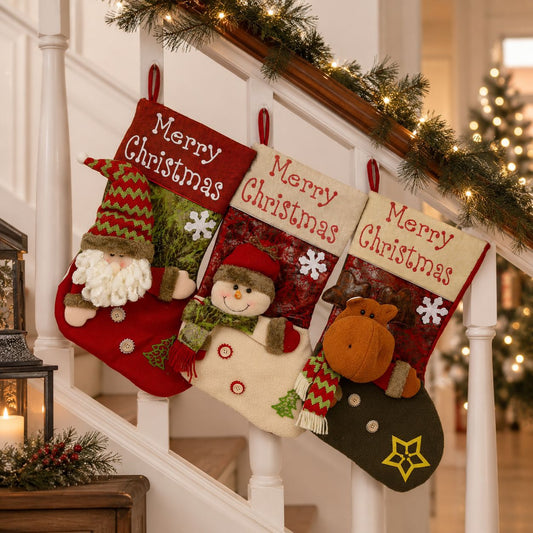 Christmas Stocking with 3D Character – Large 47 cm Polyester Fabric Holiday Stocking with Santa, Snowman or Reindeer for Fireplace, Staircase & Christmas Decor
