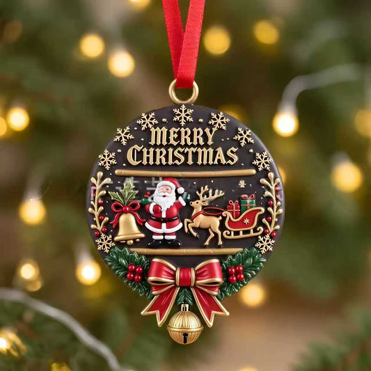 8CM Acrylic Christmas Ornament – Santa Reindeer Wreath Hanging Decoration with Red Ribbon for Christmas Tree, Holiday Home & Gift Decor
