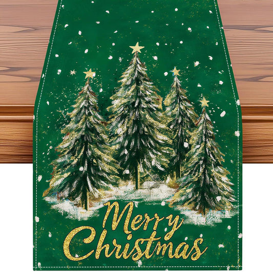 Christmas Tree Table Runner – Linen Holiday Table Decor with Merry Christmas Print, Festive Dining Table Runner for Christmas Party & Home Decoration