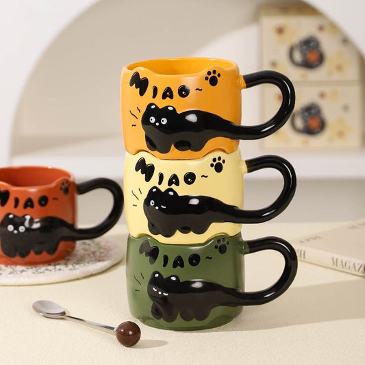 Cute Black Cat Ceramic Mug – 380ml Coffee Cup with Cat Tail Handle, Spoon and Gift Box in Four Colors
