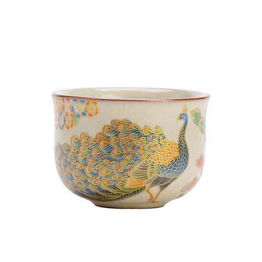 Ru Kiln Ceramic Tea Cup – Peacock Pattern Porcelain Teacup with Traditional Chinese Style for Tea Ceremony & Home Decor