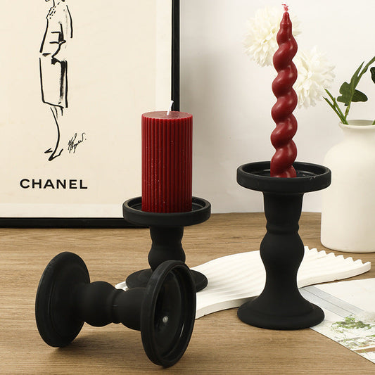 Matte Black Pillar Candle Holder, Retro Roman‑Style Candlestick for Table Decor