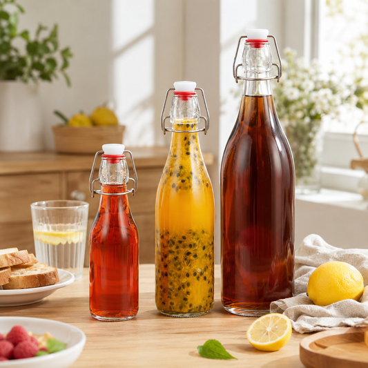 Round Swing Top Glass Bottle, Flip Clip Airtight Glass Beverage Storage Bottle