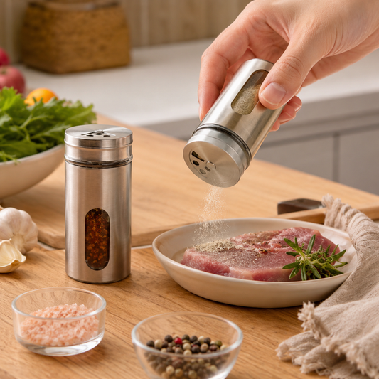 Stainless Steel Glass Spice Jar – Adjustable Seasoning Shaker