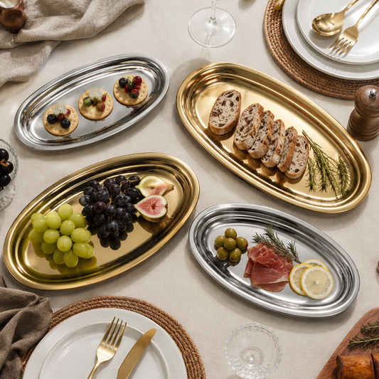 Stainless Steel Oval Serving Tray – Polished Decorative Metal Tray for Jewelry, Dessert, Table Display