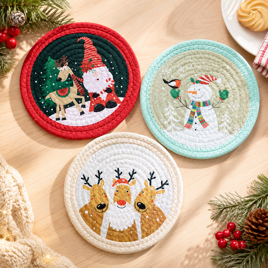 Round Christmas Cotton Rope Trivet, Heat Resistant Table Mat & Cup Coaster