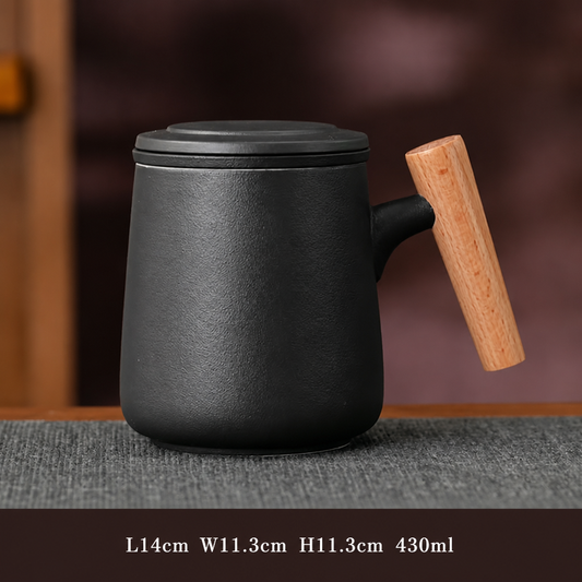 Ceramic Tea Mug with Wooden Handle – Lidded Office Cup