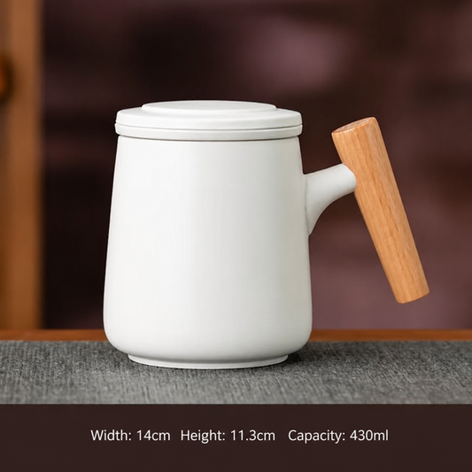 Ceramic Tea Mug with Wooden Handle – Lidded Office Cup
