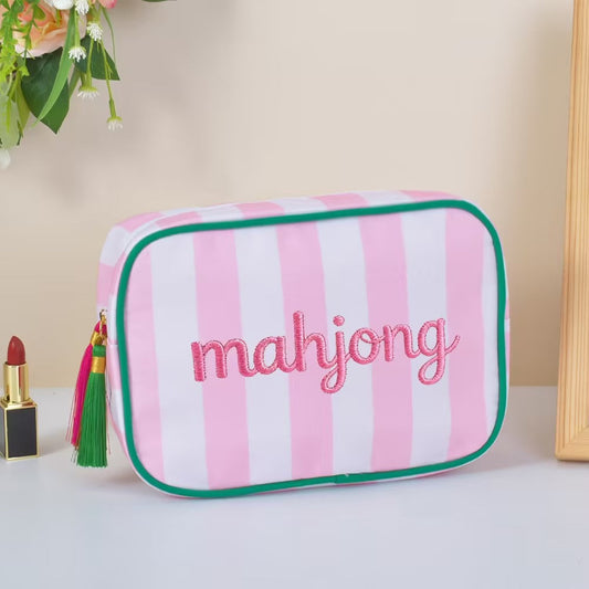 Striped Cosmetic Bag – Embroidered Travel Makeup Organizer Pouch with Tassel