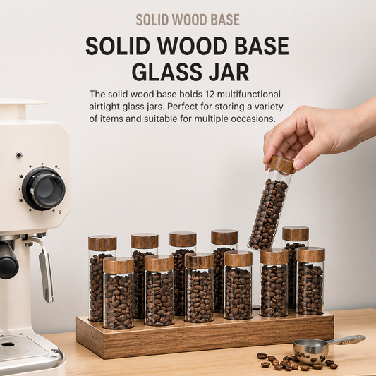 Walnut Wood Base Glass Coffee Jar Set – 6 Hole Coffee Bean Storage Container with Wooden Rack