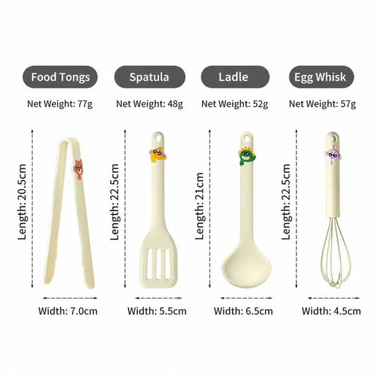 Kitchen Utensil Set – Cute Cartoon Silicone Cooking Tools Set with Spatula, Ladle, Tongs & Whisk