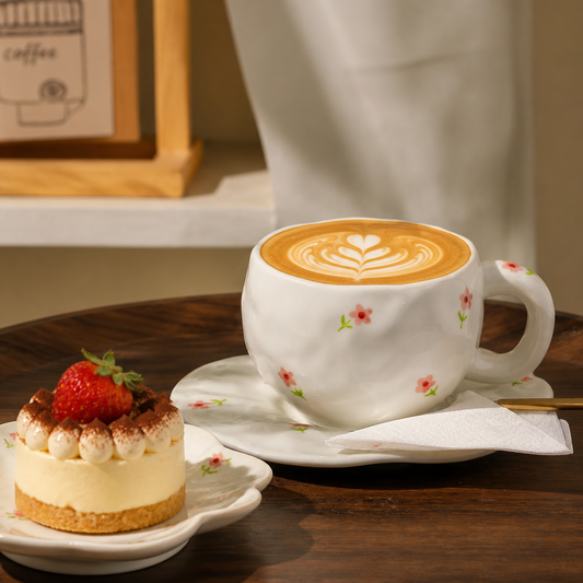 Ceramic Coffee Cup & Saucer Set – Handmade Style Porcelain Tea Cup with Unique Shape Design