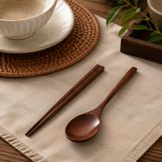 Nanmu Wood Spoon & Chopsticks Set – Natural Wooden Tableware Set with 1 Spoon and 1 Pair of Chopsticks for Dining