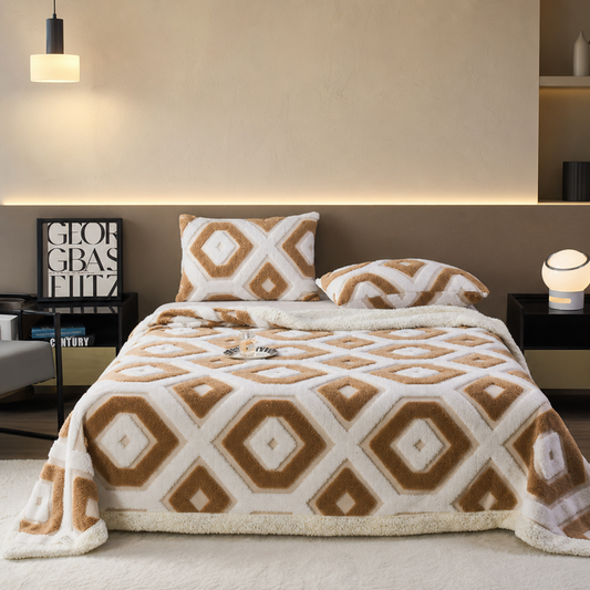 Dual-Tone 3D Jacquard Sherpa Fleece Blanket – Double-Layer Thick Warm Plush Throw for Sofa