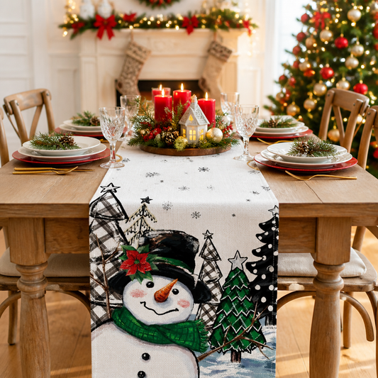 Christmas Snowman Linen Table Runner – Holiday Dining Table Decoration with Winter Snowflake Pattern, Rustic Christmas Home Decor