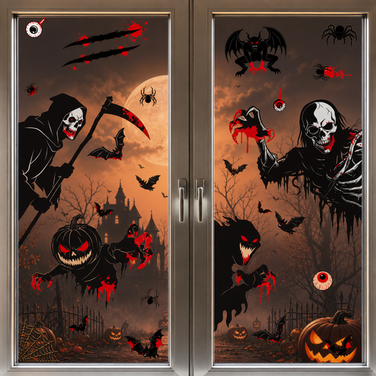 Halloween Horror Window Stickers – Pumpkin Skull Grim Reaper Scythe Glass Decals