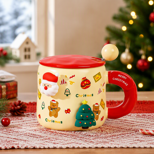 Christmas Ceramic Magnetic Mug with Lid and Spoon 400ml Holiday Gift Cup