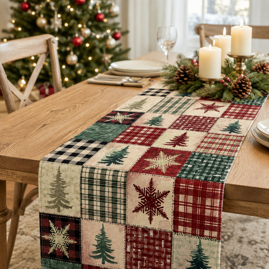 Christmas Patchwork Linen Table Runner – Rustic Holiday Dining Table Decor with Christmas Tree & Snowflake Pattern, Farmhouse Winter Home Decoration