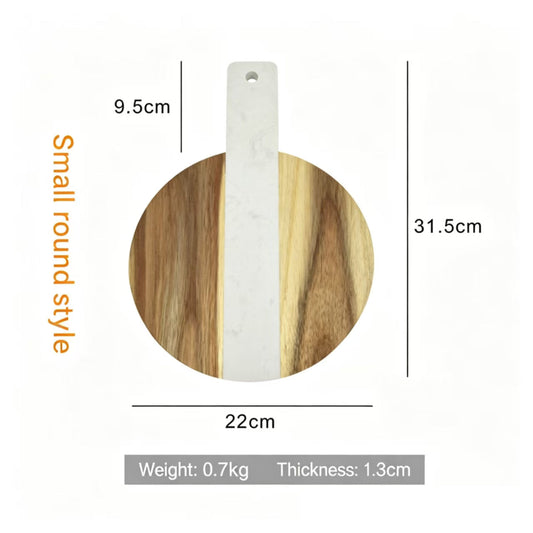 Round Acacia Wood and Marble Inlay Cutting Board with Handle Kitchen Chopping Board Serving Tray Modern Rustic Kitchen Tool