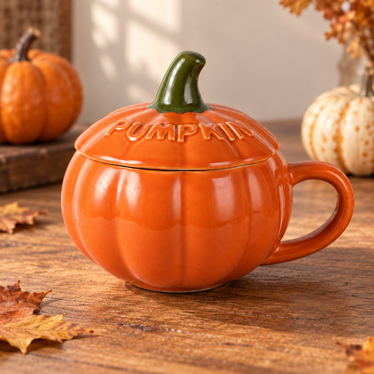 Halloween Pumpkin Ceramic Mug with Lid, 300 Ml Orange Coffee Cup, Fall Drinkware and Autumn Home Décor