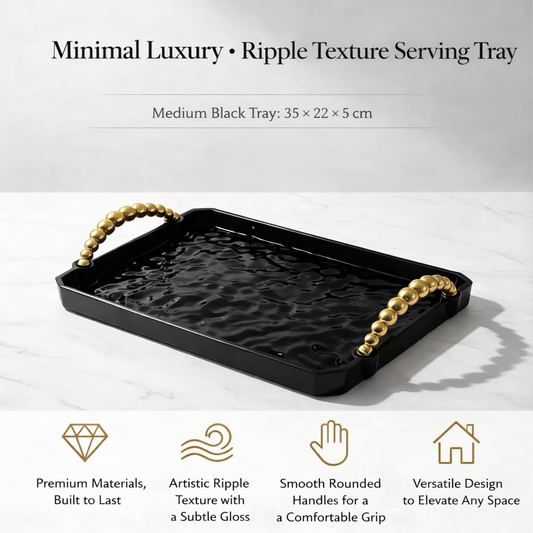 Matte Black Ripple Texture Rectangular Plastic Tray Modern Serving Platter Minimalist Countertop Organizer Decorative Tray
