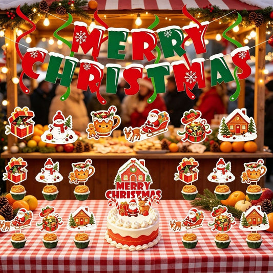 3-Style Christmas Party Decoration Set – Merry Christmas Letter Banner, Hanging Swirls & Festive Cake Toppers for Holiday Party, Home & Shop Decor