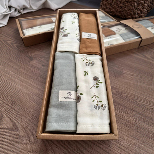 Cotton Gauze Towel Gift Box Set, 4 Towels per Box, Floral and Solid Color Face Towels for Home and Gifting