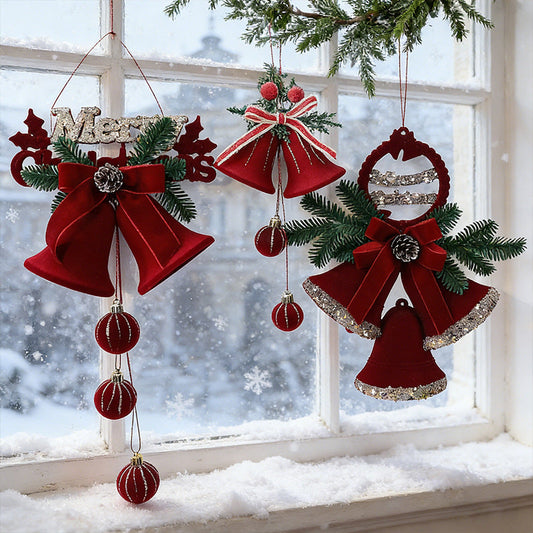 Plastic Christmas Hanging Ornament – Holiday Bell Decoration with Bow & Pine Branch Design for Tree, Door, Wall & Home Decor