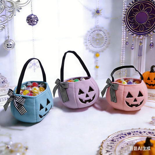 Halloween Pumpkin Candy Bucket, Soft Fabric Trick-or-Treat Bag with Bow