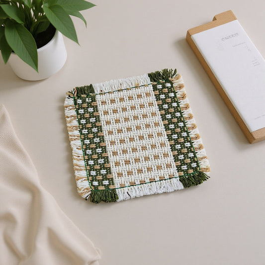 Green Woven Cotton Linen Coaster – Square Rustic Drink Mat