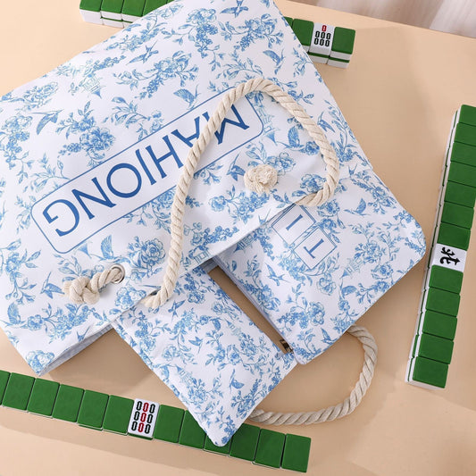 3-Piece Mahjong Storage Bag Set – Blue Floral Tote, Tile Pouch & Rack Carry Bag for Mahjong Tiles, Accessories, Travel & Home Storage