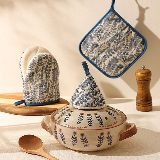 3‑Piece Cotton Linen Heat‑Resistant Kitchen Set – Oven Mitt, Pot Holder & Cone Pot Lid Cap