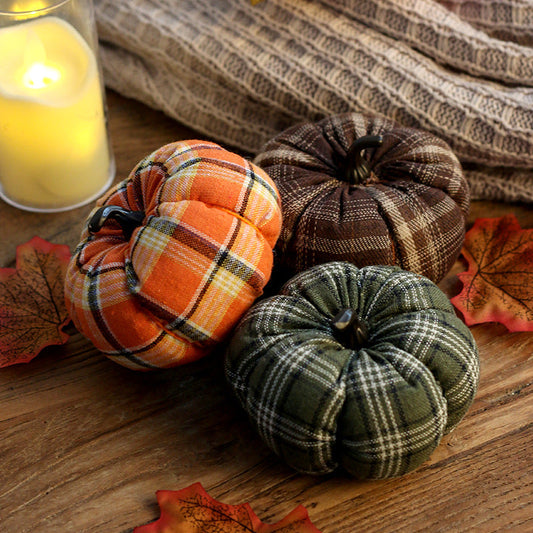 Plaid Fabric Pumpkin Decoration – Mini Stuffed Pumpkin