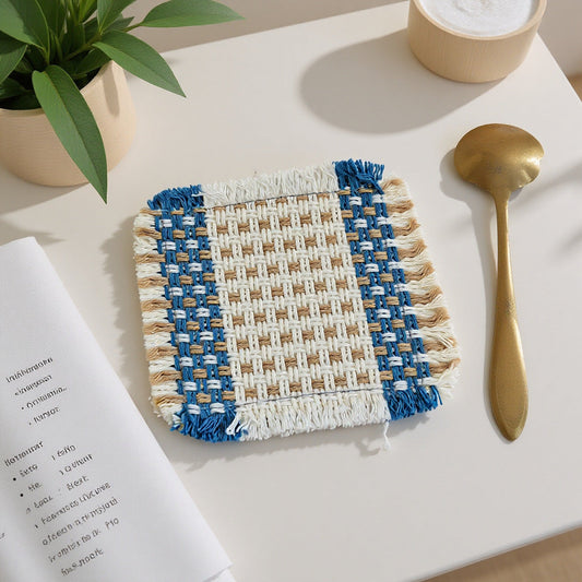 Blue Woven Rattan Coaster 10 × 10 cm – Square Fringe Drink Mat