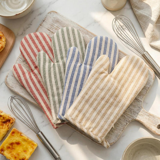 Striped Cotton Linen Oven Mitt – Heat‑Resistant Quilted Cooking Glove for Baking & Kitchen Use