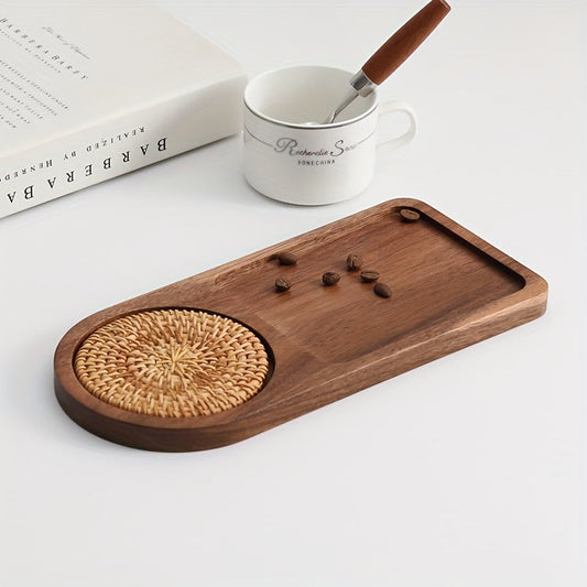 Acacia Wood Serving Tray with Woven Coaster – Rectangular Coffee & Snack Tray