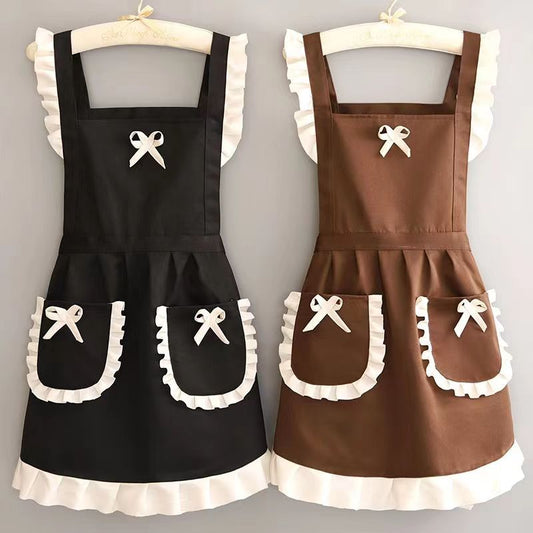 Vintage Ruffle Apron for Women – Polyester Kitchen Apron with Pockets, Bow Detail Cooking Baking Apron for Home, Café & Garden